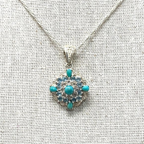 Jewelry - Sterling Silver Turquoise, Blue Topaz, & CZ Pendant on 18" chain